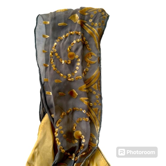 Hale Bob glam 90s taupe silk babydoll top gold beading embossed velvet, medium - Picture 5 of 7